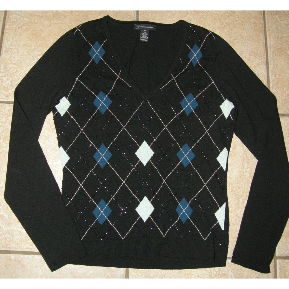 Preppy Beaded Black Argyle Sz Medium Stretchy Silk Blend Lightweight Sweater